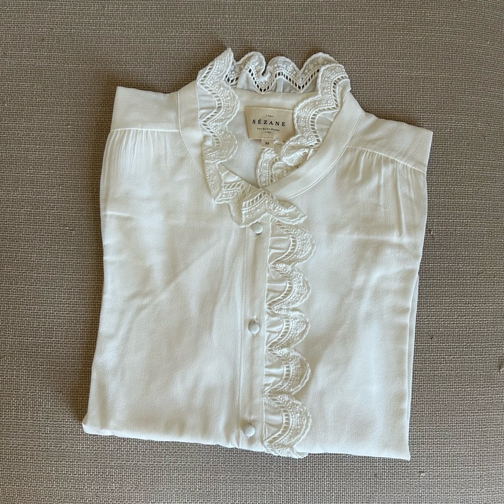 BEST Sezane Chlo Silk Blouse Ecru Ivory White French Classic Causal FR38/US6 - Picture 6 of 14
